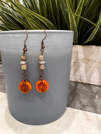 Wood Orange Boho Dangle Earrings/Handmade Unique Jewelry/Gift for her